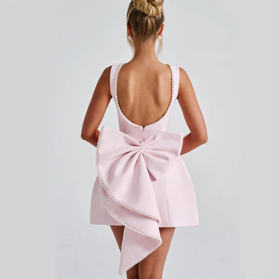 Fashion Big-Bowed Pearls Backless Dress Summer Slim Sleeveless A-line Dresses For Party Evening Women's Clothing Zee's Vibe Vault