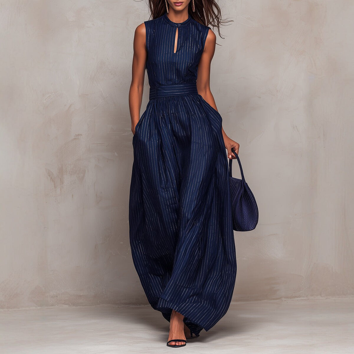 Deep Blue Striped Sleeveless Waist-Cinched Wide-Leg Jumpsuit Zee's Vibe Vault