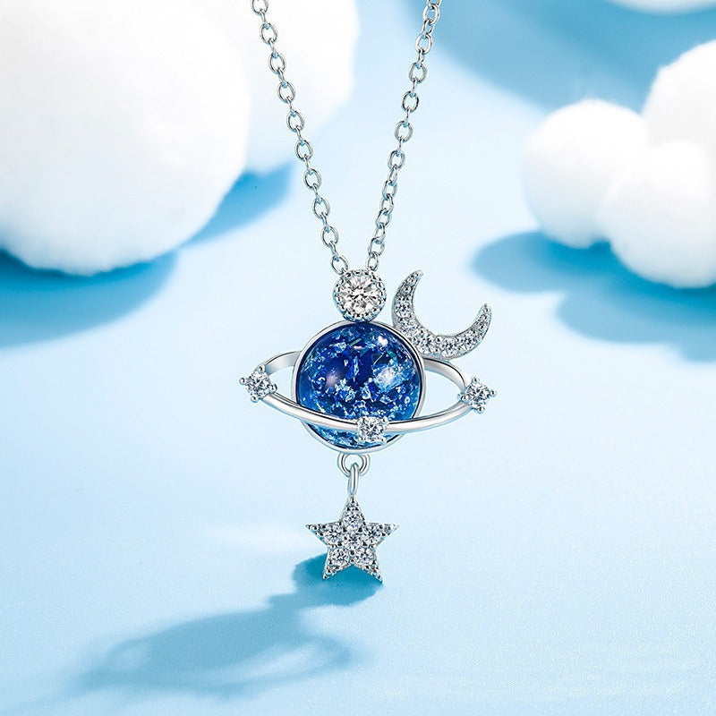 Fantasy Universe Planet Necklace with Small Design Sense Star Moon Set Zirconia Lock Bone Chain Necklace eprolo