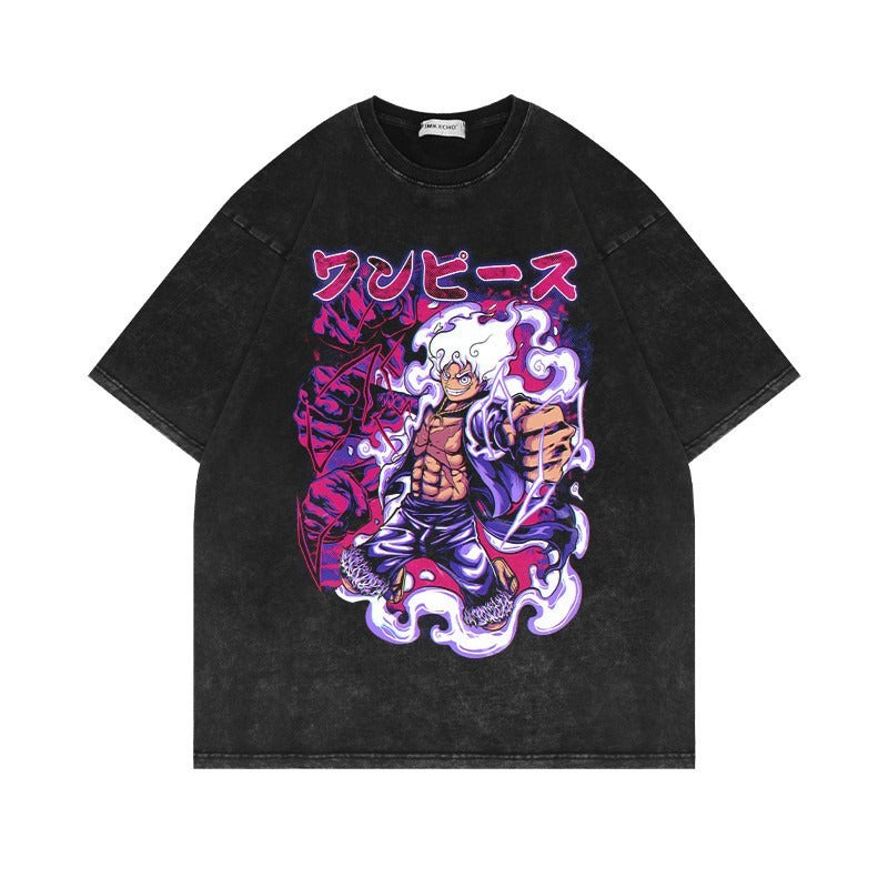 Men's Anime Cartoon Washed Old Men's Short sleeved T-shirt eprolo