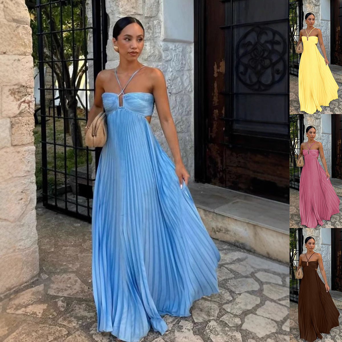Ins Pleated Sleeveless Sling Dress Hollow High Waist Halter Robe Dresses For Evening Party Club Clothing Women Zee's Vibe Vault