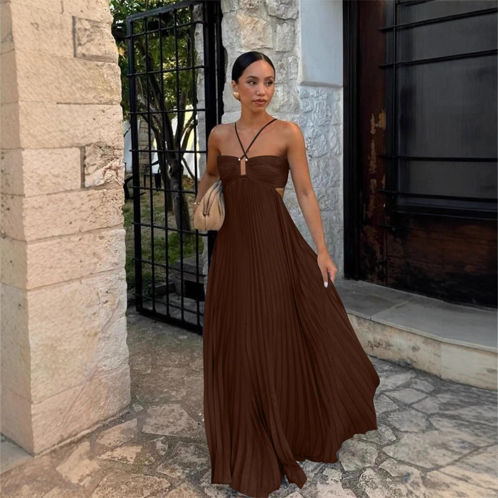 Ins Pleated Sleeveless Sling Dress Hollow High Waist Halter Robe Dresses For Evening Party Club Clothing Women Zee's Vibe Vault