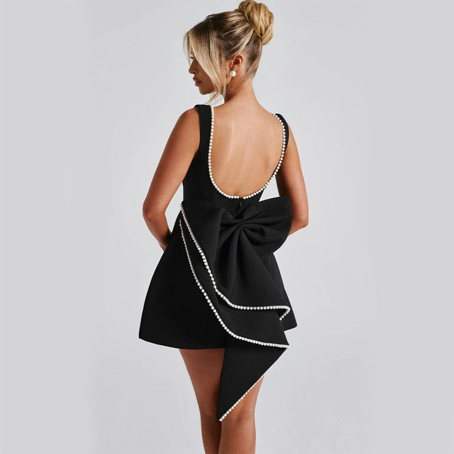 Fashion Big-Bowed Pearls Backless Dress Summer Slim Sleeveless A-line Dresses For Party Evening Women's Clothing Zee's Vibe Vault