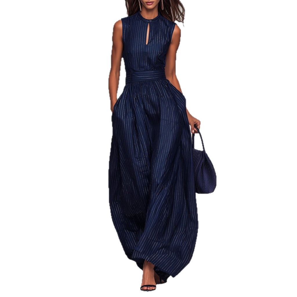 Deep Blue Striped Sleeveless Waist-Cinched Wide-Leg Jumpsuit Zee's Vibe Vault
