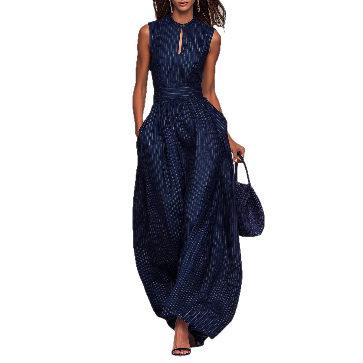 Deep Blue Striped Sleeveless Waist-Cinched Wide-Leg Jumpsuit Zee's Vibe Vault