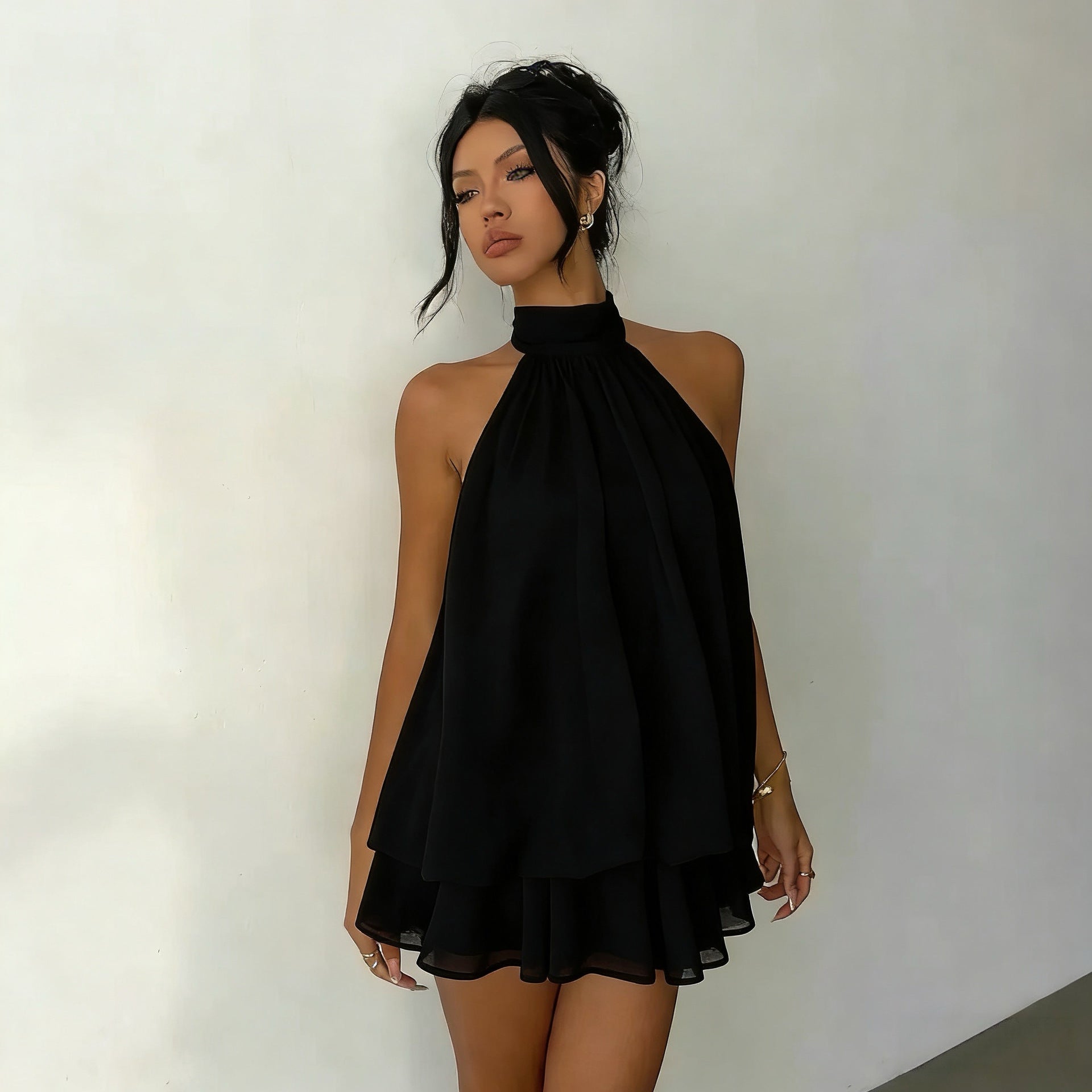 Women's vacation fitted sexy backless halter neck tie-waist dress with puffy short skirt eprolo