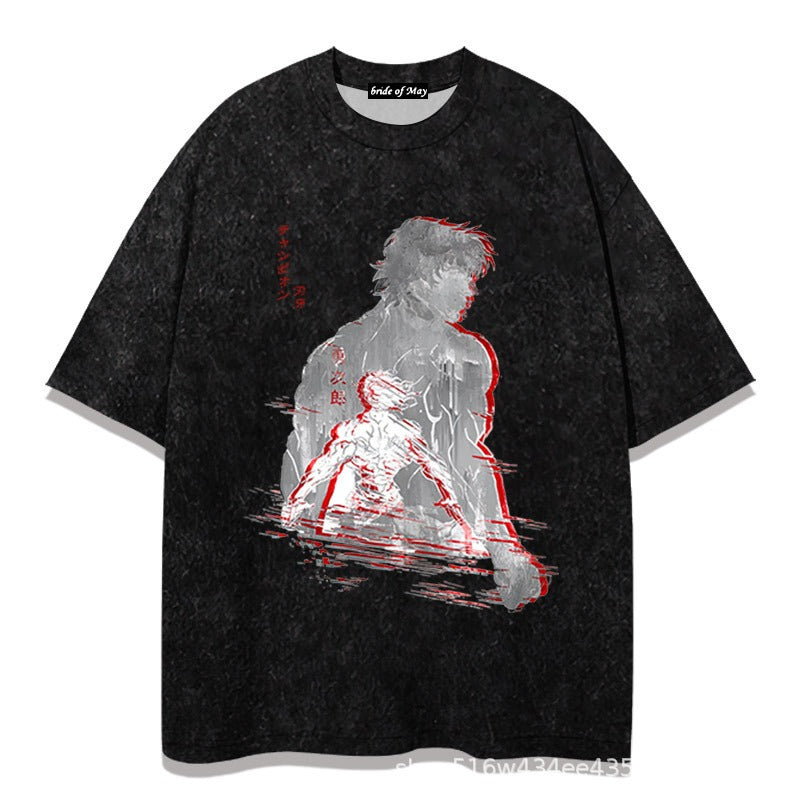 Men's Anime Cartoon Washed Old Men's Short sleeved T-shirt eprolo