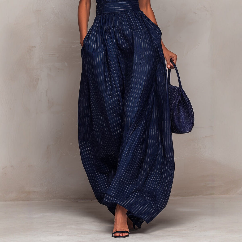 Deep Blue Striped Sleeveless Waist-Cinched Wide-Leg Jumpsuit Zee's Vibe Vault