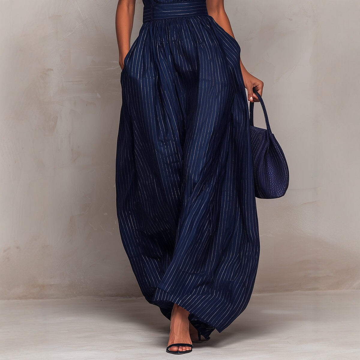 Deep Blue Striped Sleeveless Waist-Cinched Wide-Leg Jumpsuit Zee's Vibe Vault