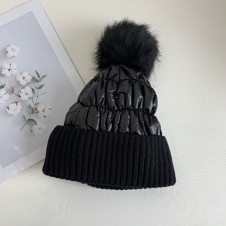 Women's Down Shiny Knit Hat With Fur Ball Zee's Vibe Vault