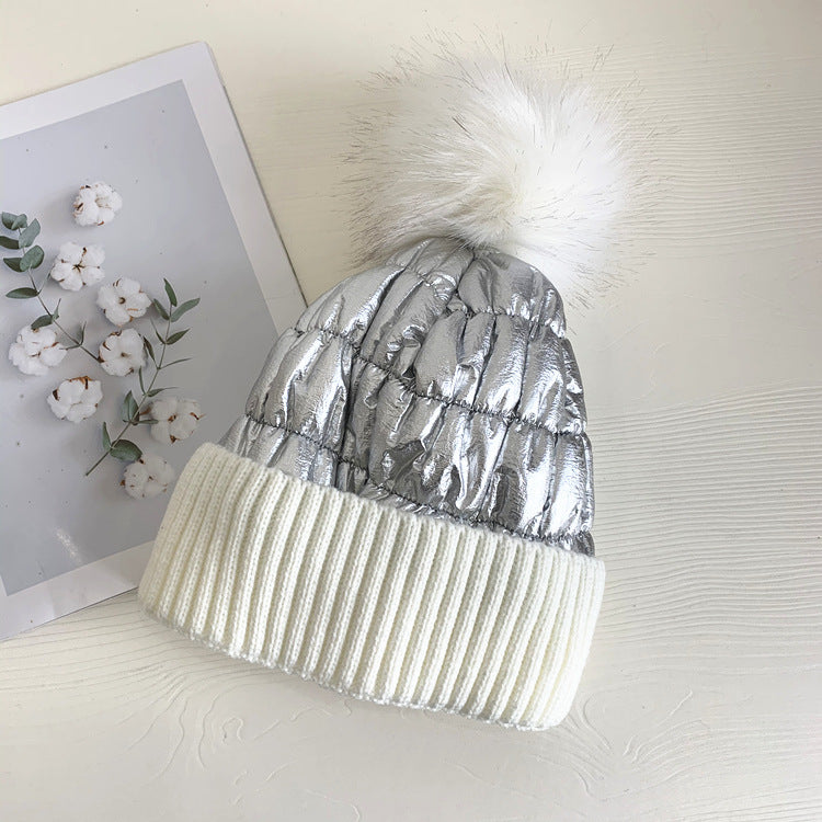 Women's Down Shiny Knit Hat With Fur Ball Zee's Vibe Vault