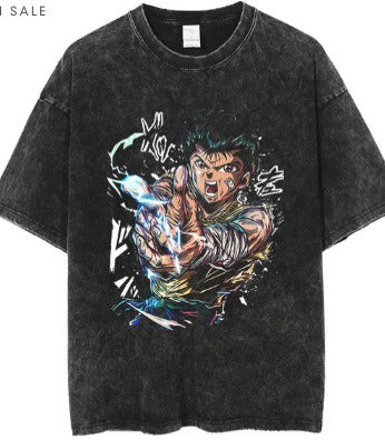 Men's Anime Cartoon Washed Old Men's Short sleeved T-shirt eprolo