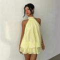 Women's vacation fitted sexy backless halter neck tie-waist dress with puffy short skirt eprolo
