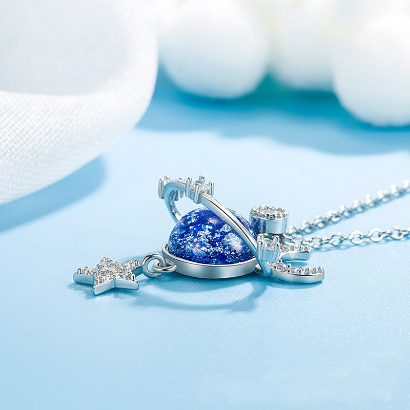 Fantasy Universe Planet Necklace with Small Design Sense Star Moon Set Zirconia Lock Bone Chain Necklace eprolo