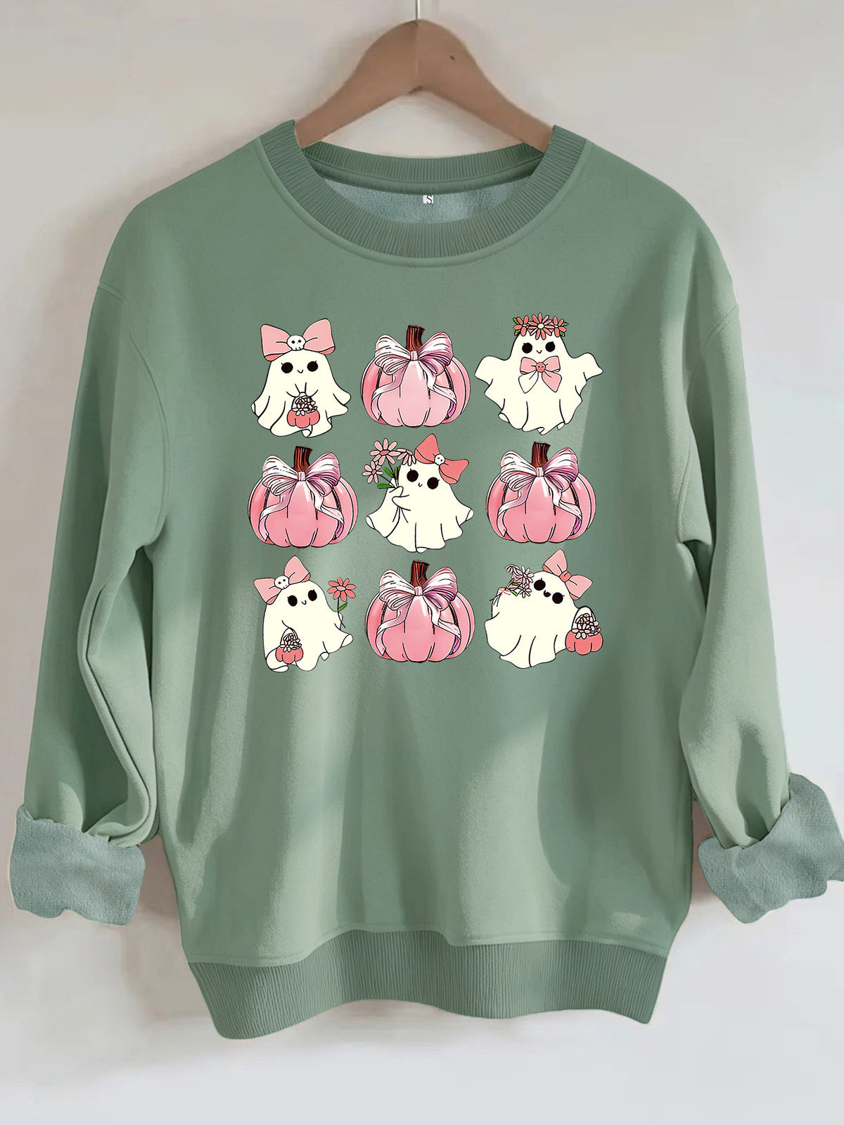 Ghost pumpkin print round neck fleece hoodie eprolo