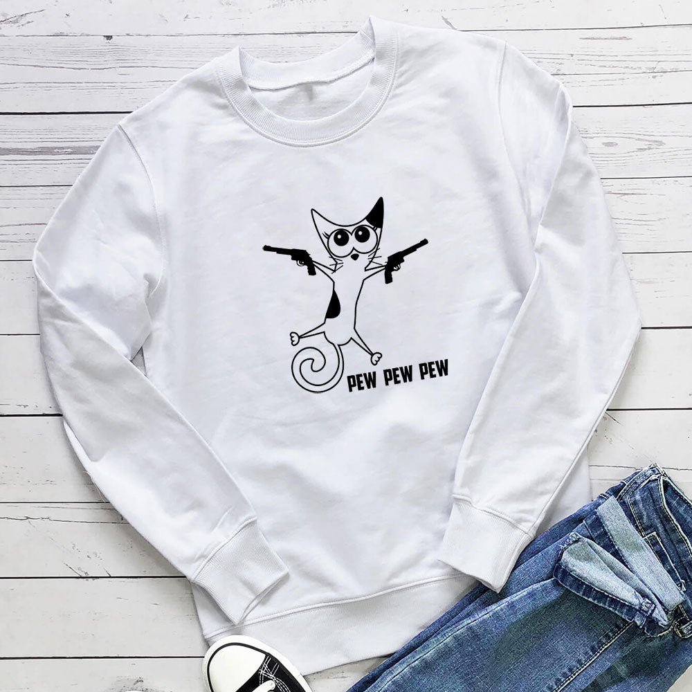 Cat print round neck hoodie with gun eprolo