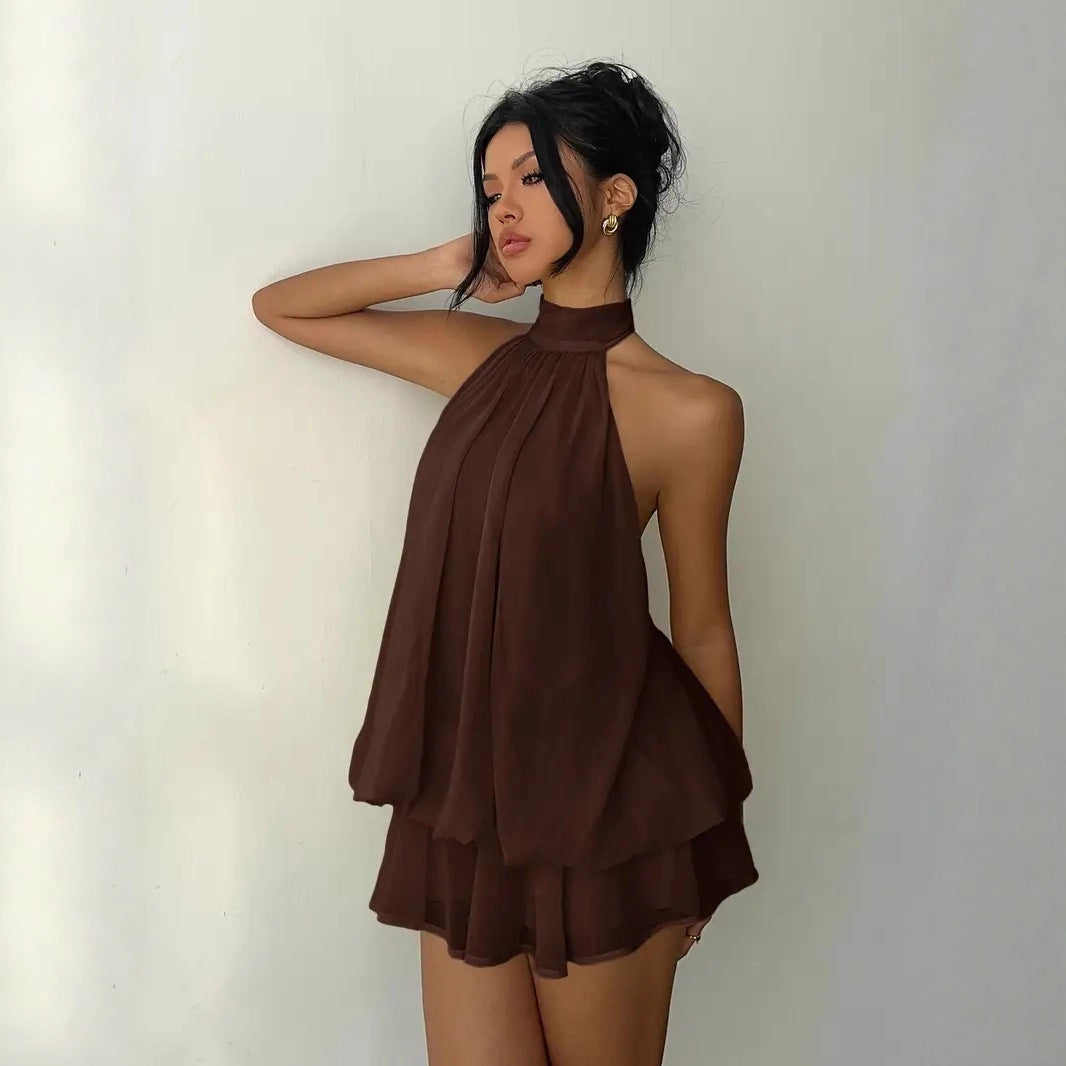 Women's vacation fitted sexy backless halter neck tie-waist dress with puffy short skirt eprolo