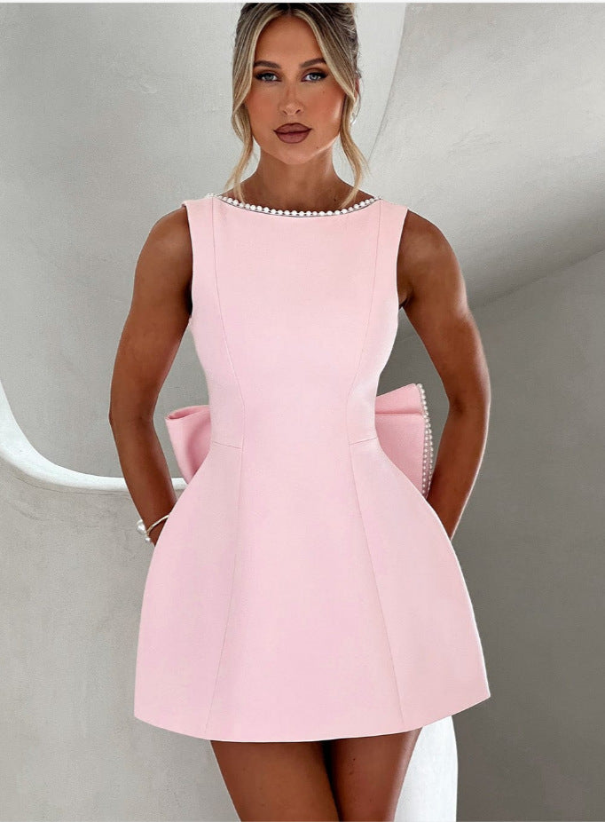 Fashion Big-Bowed Pearls Backless Dress Summer Slim Sleeveless A-line Dresses For Party Evening Women's Clothing Zee's Vibe Vault