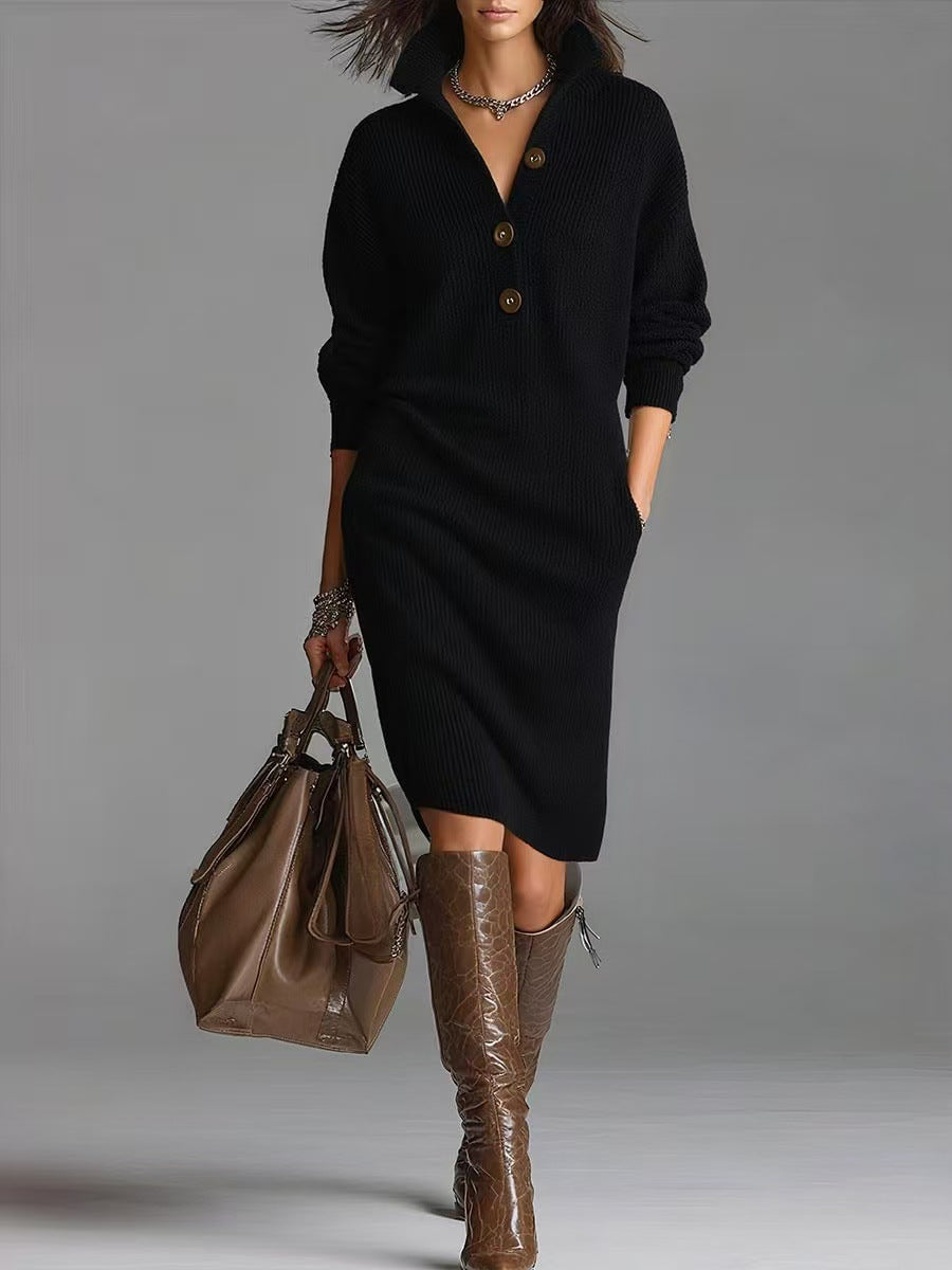 Long-sleeved Sweater Dress Fashion Warm Stand-up Collar V-neck Button Pullover Dresses Winter Casual Commuting Women's Clothing Zee's Vibe Vault
