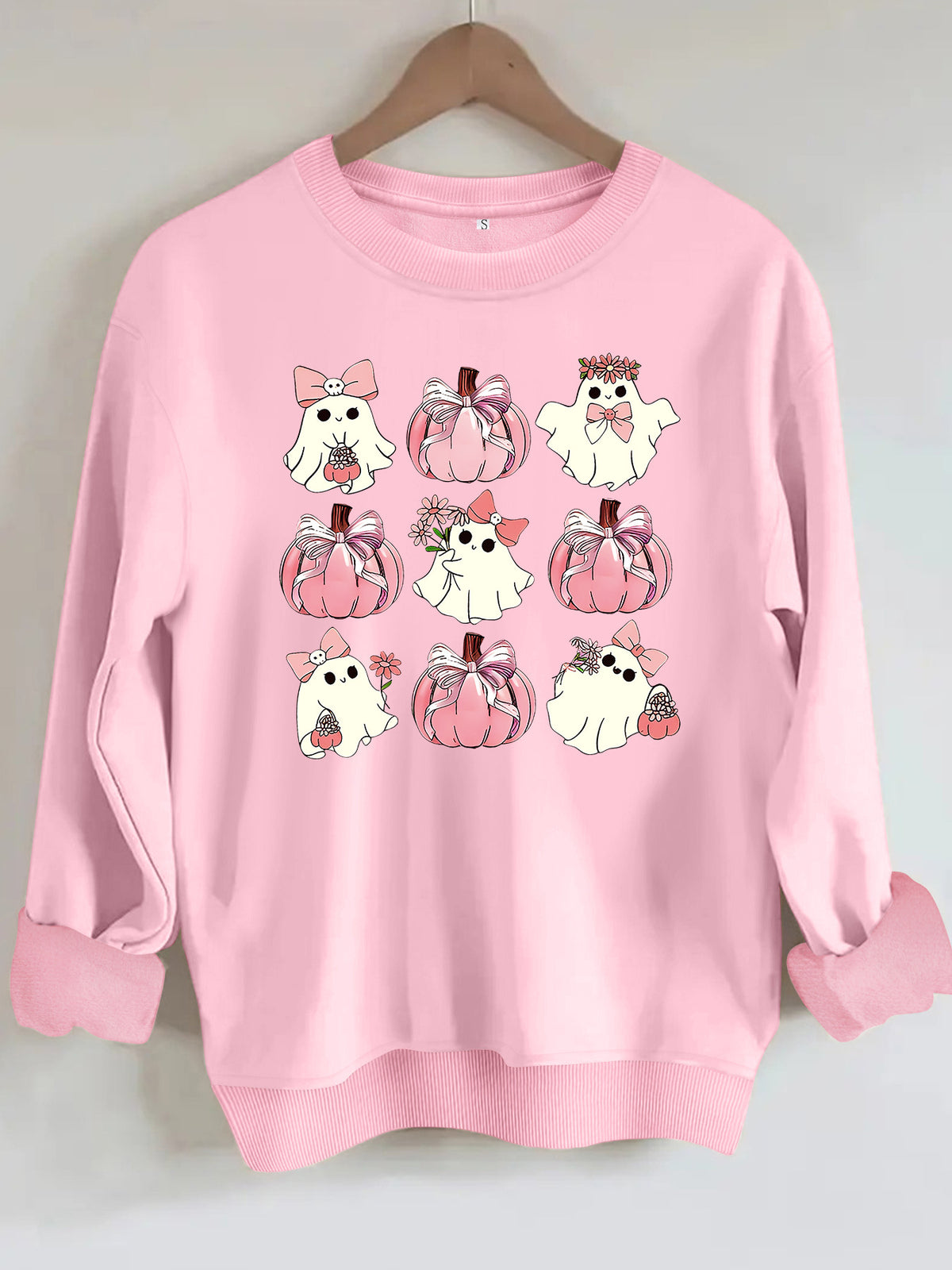 Ghost pumpkin print round neck fleece hoodie eprolo