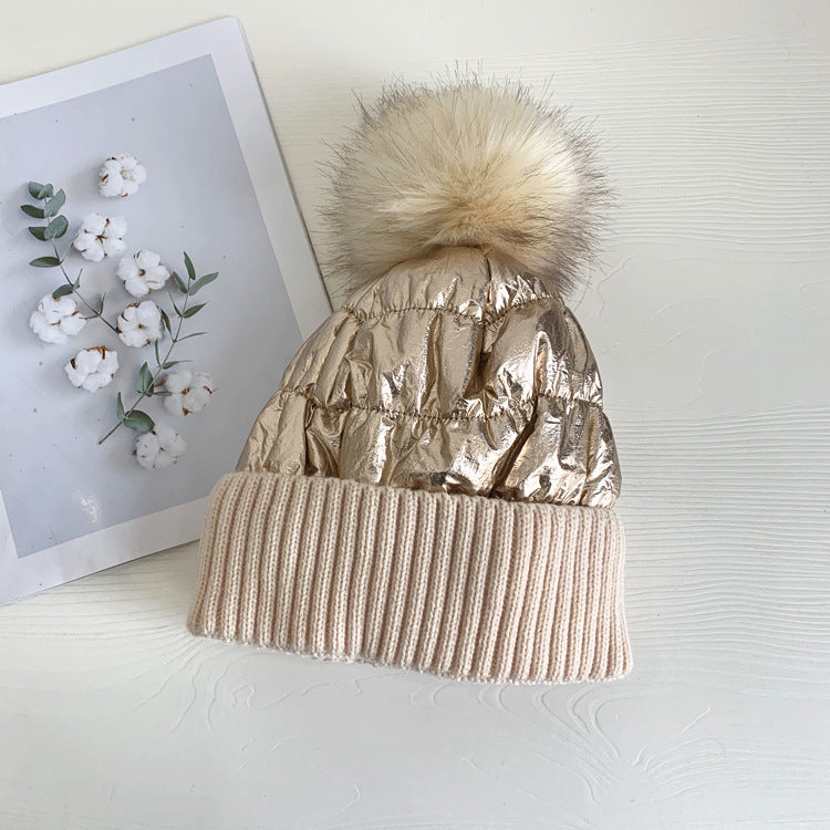Women's Down Shiny Knit Hat With Fur Ball Zee's Vibe Vault