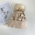 Women's Down Shiny Knit Hat With Fur Ball Zee's Vibe Vault