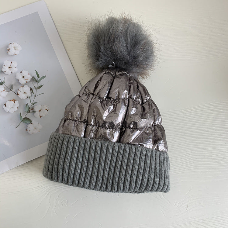 Women's Down Shiny Knit Hat With Fur Ball Zee's Vibe Vault