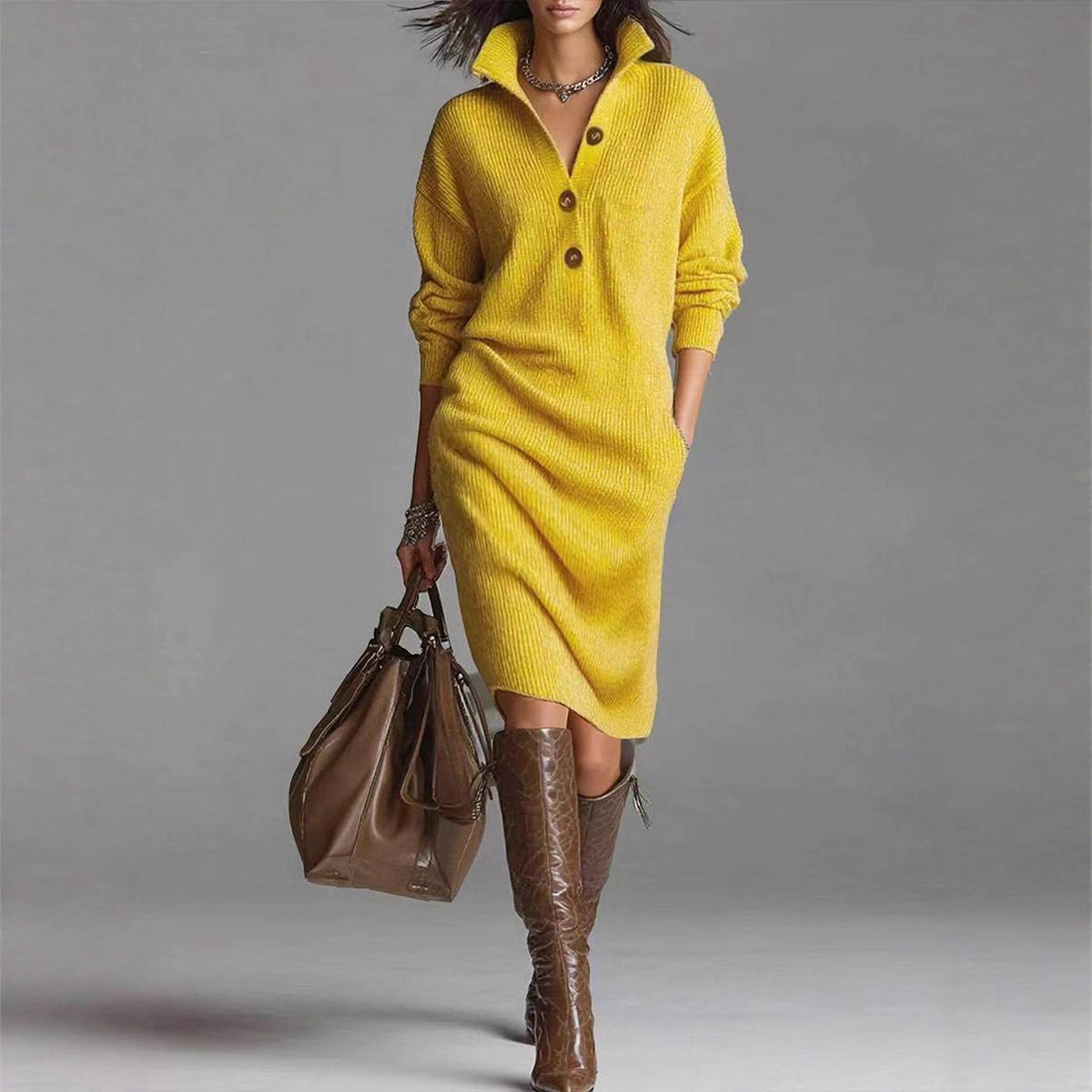 Long-sleeved Sweater Dress Fashion Warm Stand-up Collar V-neck Button Pullover Dresses Winter Casual Commuting Women's Clothing Zee's Vibe Vault