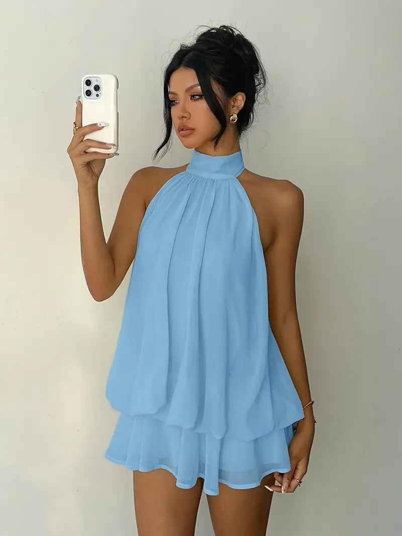 Women's vacation fitted sexy backless halter neck tie-waist dress with puffy short skirt eprolo