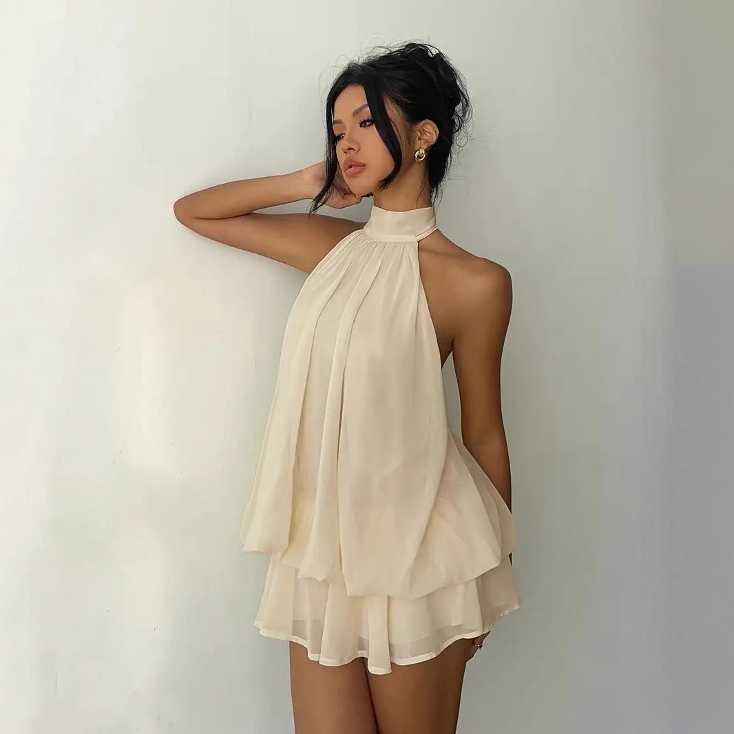 Women's vacation fitted sexy backless halter neck tie-waist dress with – Zvibevault