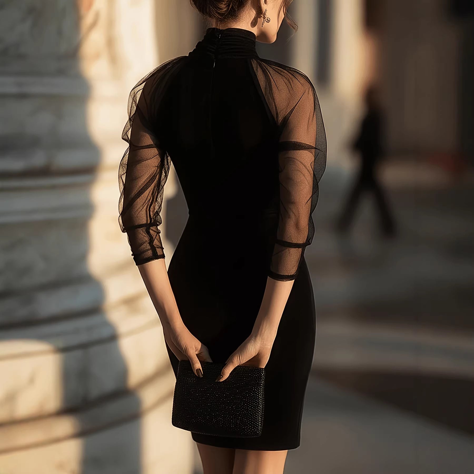 Elegant Long Sleeve Sheath Dress with High Neck and Mesh Overlay for Formal Evening Wear eprolo