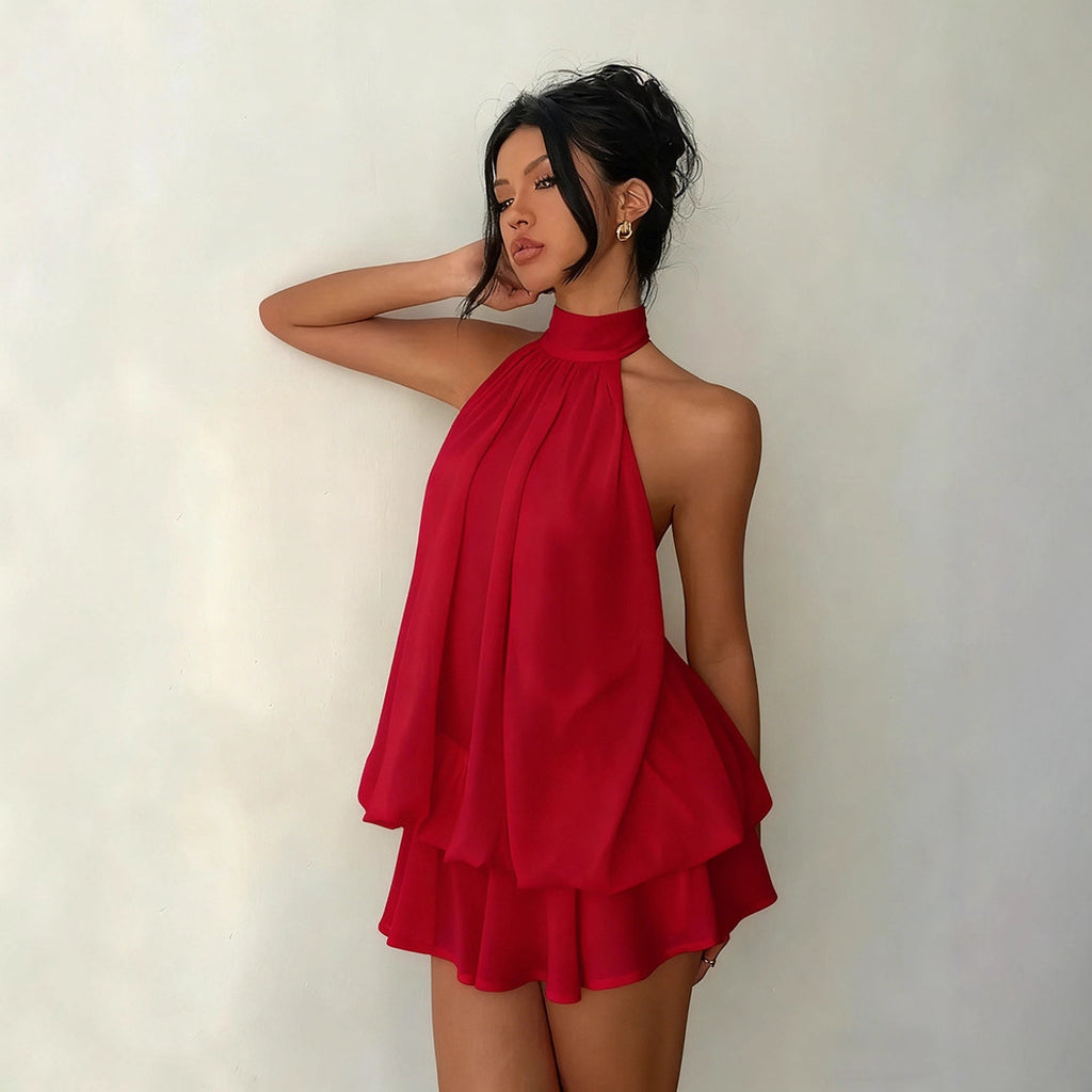 Women's vacation fitted sexy backless halter neck tie-waist dress with puffy short skirt eprolo