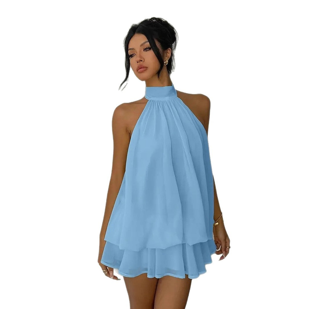 Women's vacation fitted sexy backless halter neck tie-waist dress with puffy short skirt eprolo