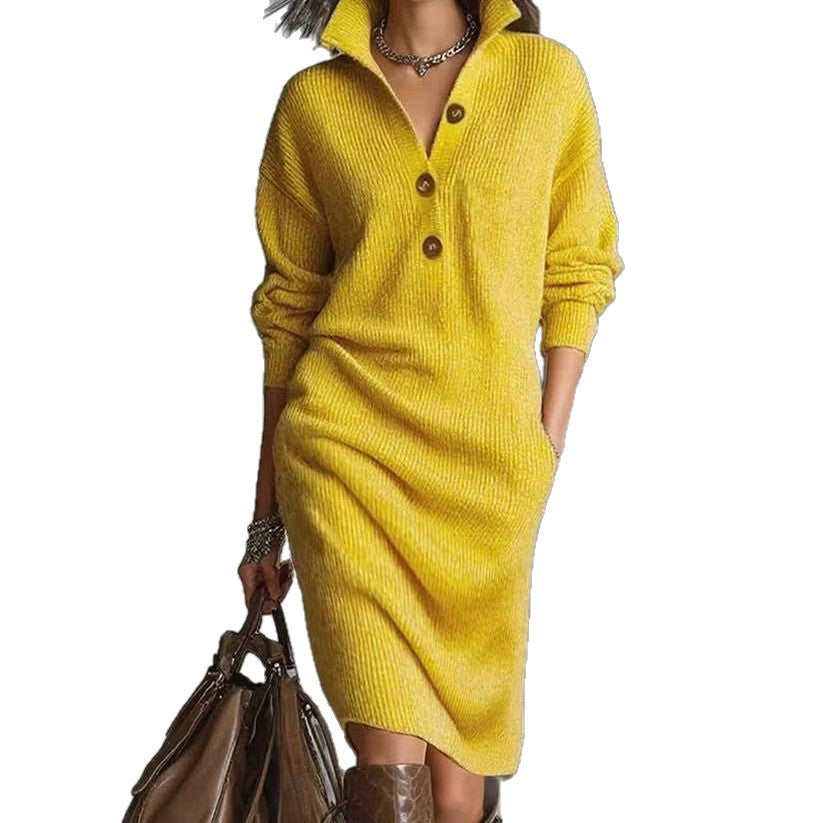 Long-sleeved Sweater Dress Fashion Warm Stand-up Collar V-neck Button Pullover Dresses Winter Casual Commuting Women's Clothing Zee's Vibe Vault