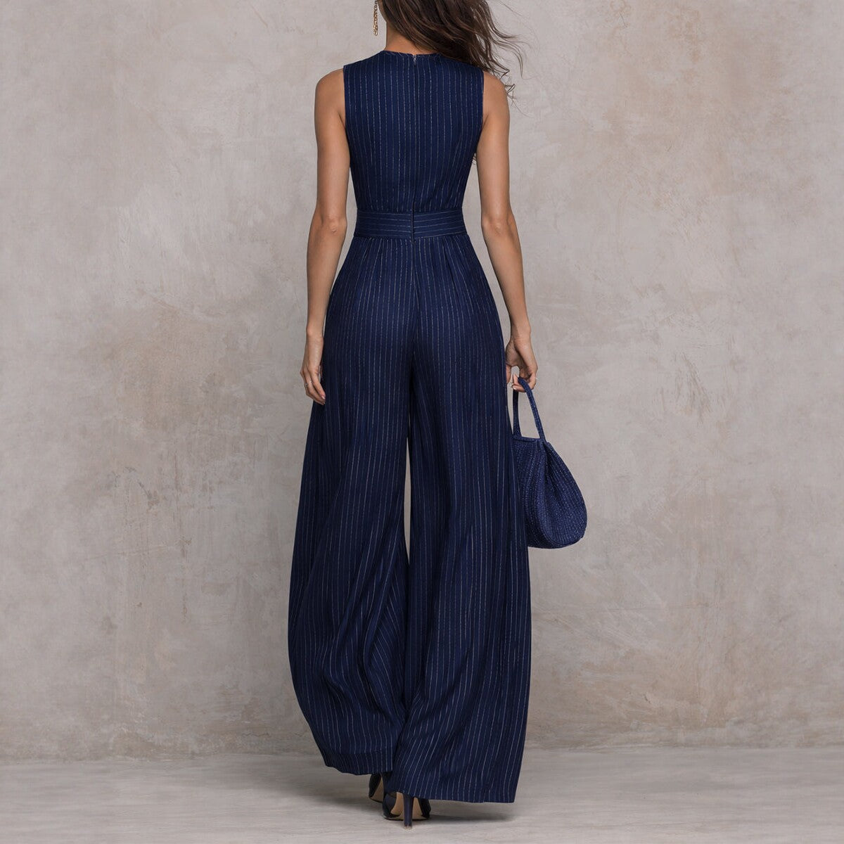 Deep Blue Striped Sleeveless Waist-Cinched Wide-Leg Jumpsuit Zee's Vibe Vault