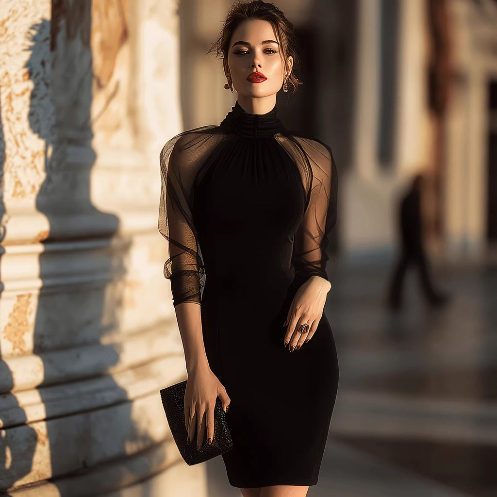 Elegant Long Sleeve Sheath Dress with High Neck and Mesh Overlay for Formal Evening Wear eprolo