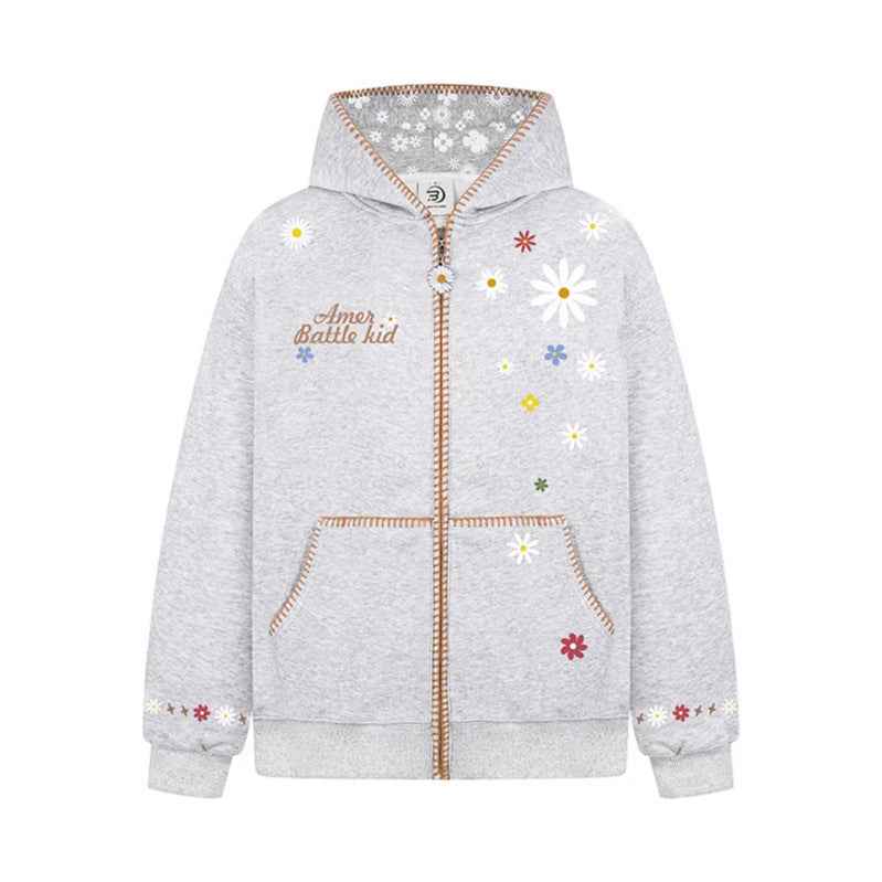 Floral Embroidery Hooded Sweatshirt Unisex Loose Casual Outerwear eprolo