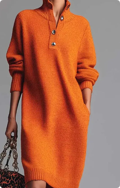 Long-sleeved Sweater Dress Fashion Warm Stand-up Collar V-neck Button Pullover Dresses Winter Casual Commuting Women's Clothing Zee's Vibe Vault