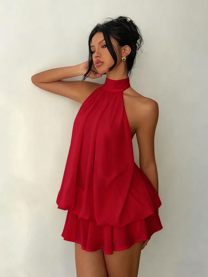Women's vacation fitted sexy backless halter neck tie-waist dress with puffy short skirt eprolo