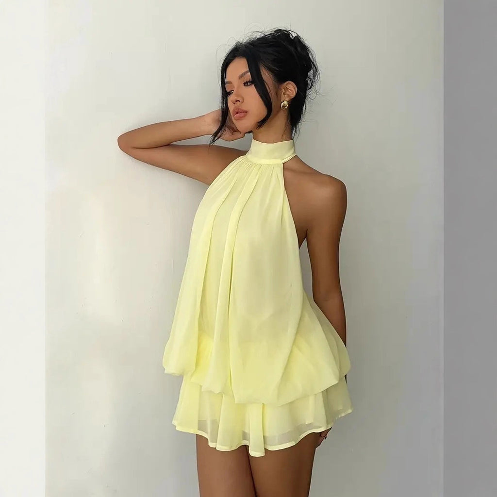 Women's vacation fitted sexy backless halter neck tie-waist dress with puffy short skirt eprolo
