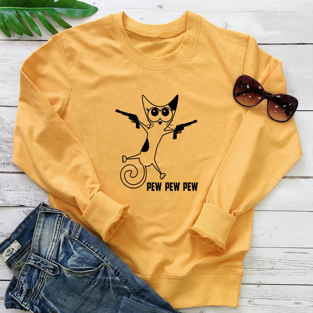 Cat print round neck hoodie with gun eprolo