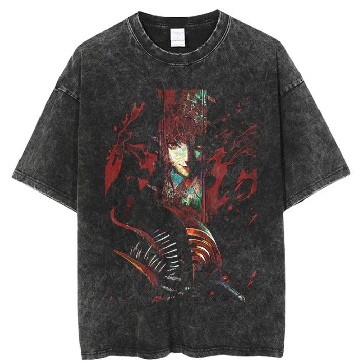 Men's Anime Cartoon Washed Old Men's Short sleeved T-shirt eprolo