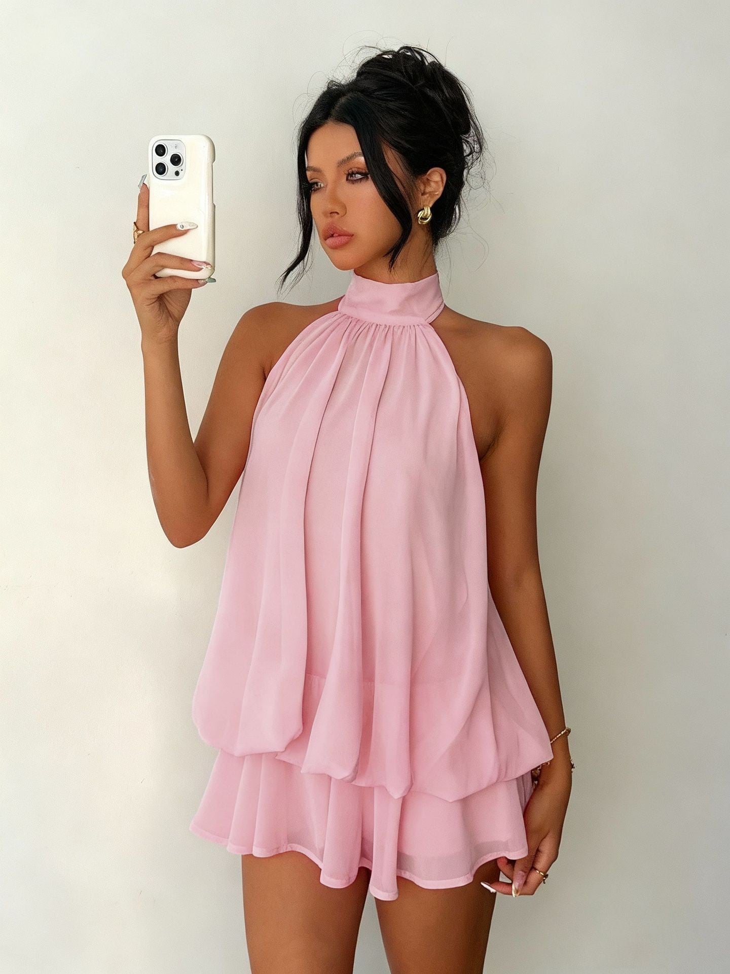 Women's vacation fitted sexy backless halter neck tie-waist dress with puffy short skirt eprolo