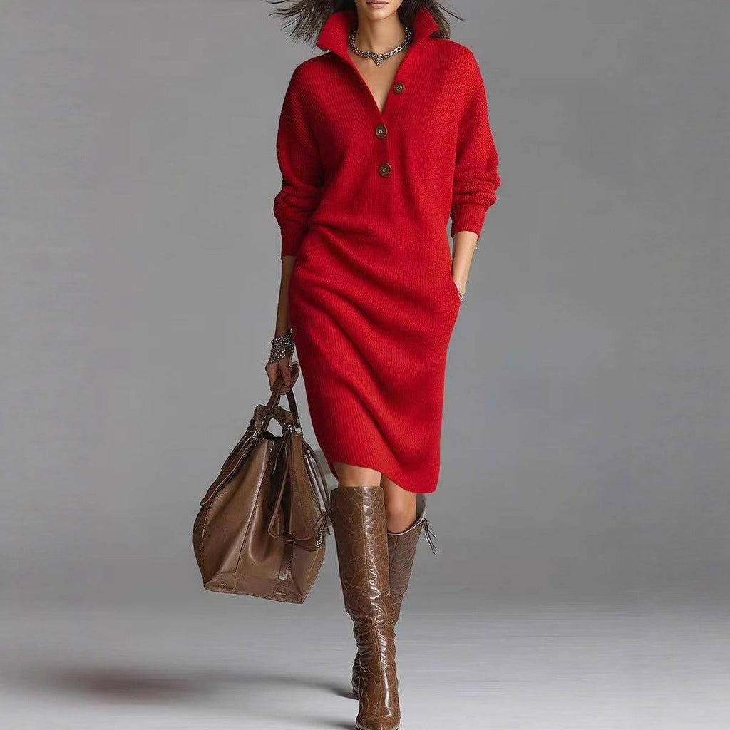 Long-sleeved Sweater Dress Fashion Warm Stand-up Collar V-neck Button Pullover Dresses Winter Casual Commuting Women's Clothing Zee's Vibe Vault