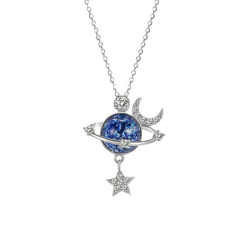 Fantasy Universe Planet Necklace with Small Design Sense Star Moon Set Zirconia Lock Bone Chain Necklace eprolo