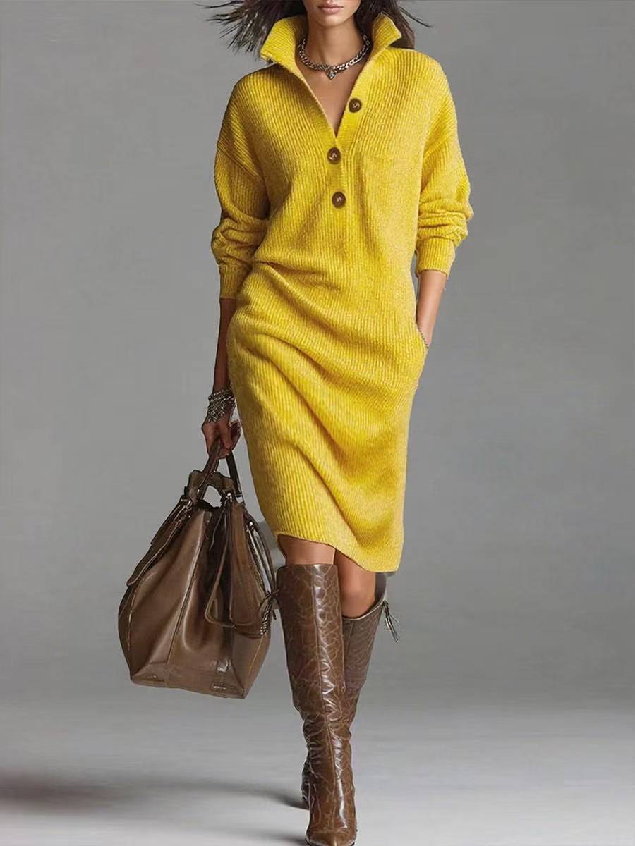 Long-sleeved Sweater Dress Fashion Warm Stand-up Collar V-neck Button Pullover Dresses Winter Casual Commuting Women's Clothing Zee's Vibe Vault