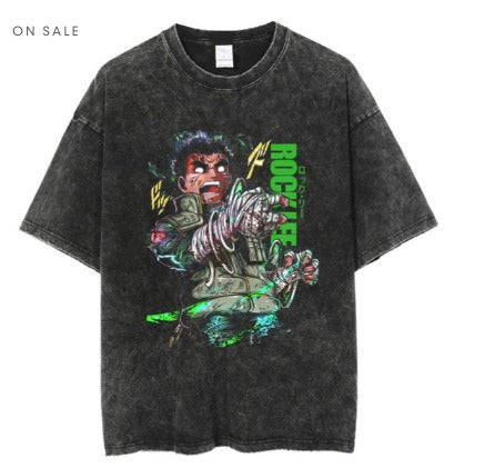 Men's Anime Cartoon Washed Old Men's Short sleeved T-shirt eprolo