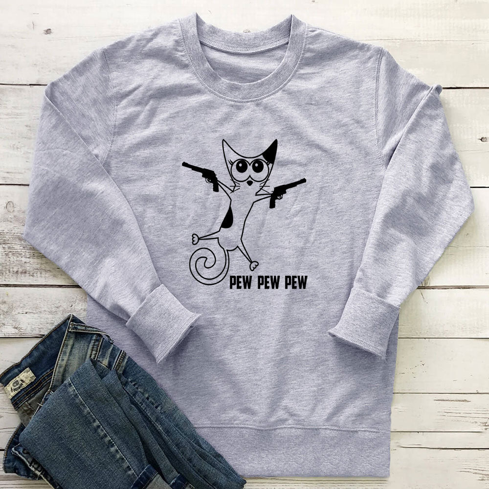 Cat print round neck hoodie with gun eprolo