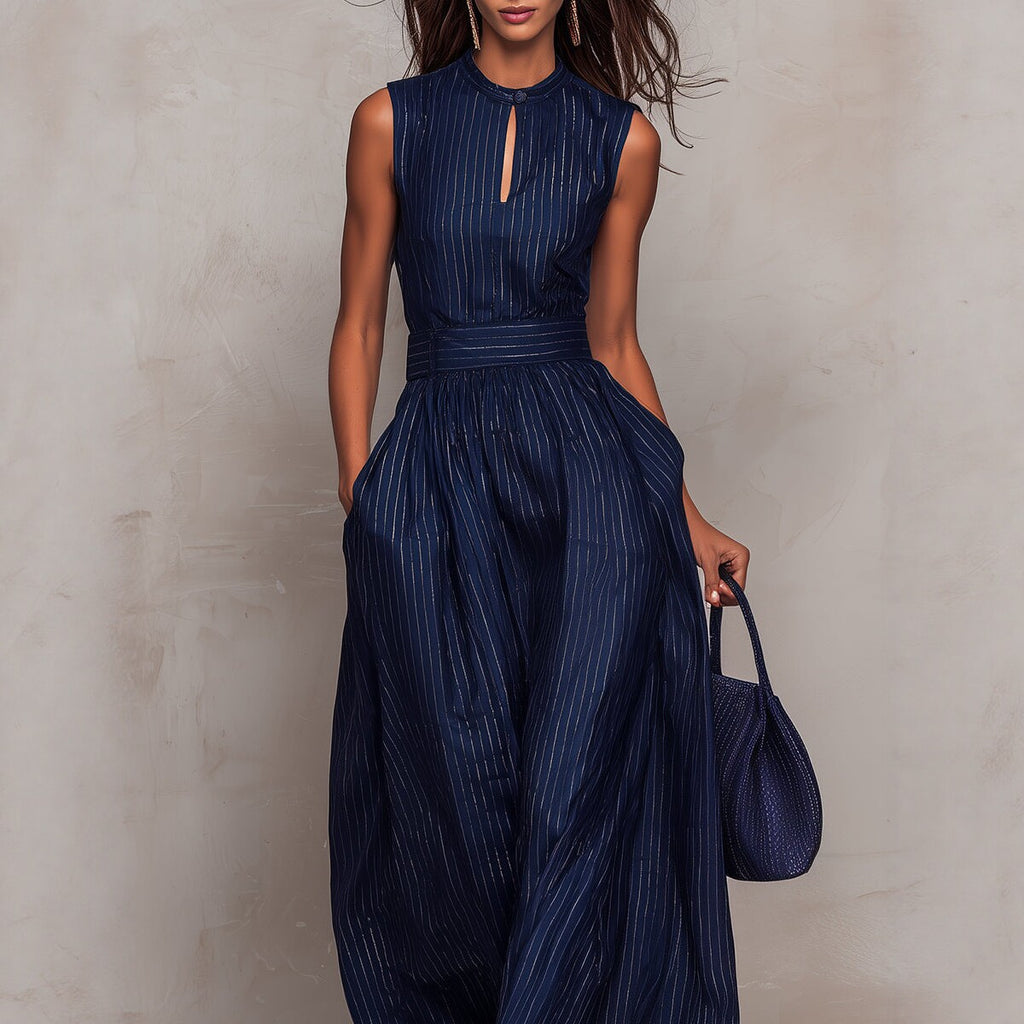 Deep Blue Striped Sleeveless Waist-Cinched Wide-Leg Jumpsuit Zee's Vibe Vault