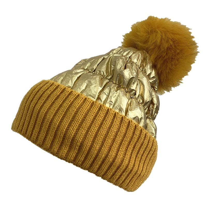 Women's Down Shiny Knit Hat With Fur Ball Zee's Vibe Vault
